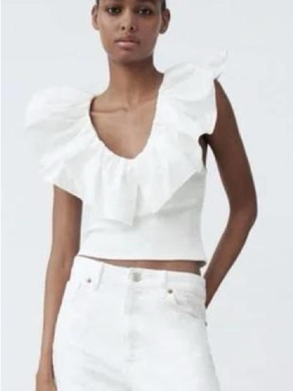 NWT Zara White Ribbed Tank with Ruffle Collar